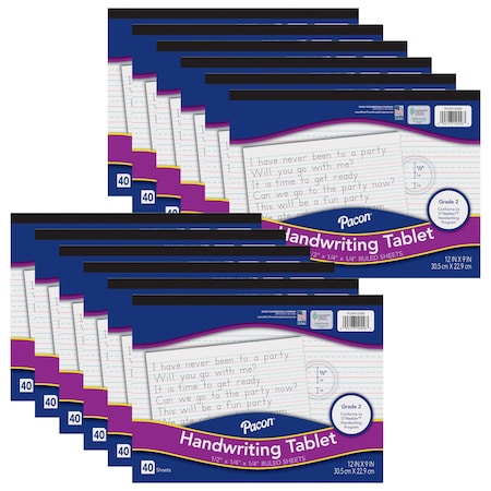 Pacon Handwriting Tablet, White, 1/2 in x 1/4 in x 1/4 in Ruled Long, 12in. x 9in., 40 Sheets, 12PK PCAR12556